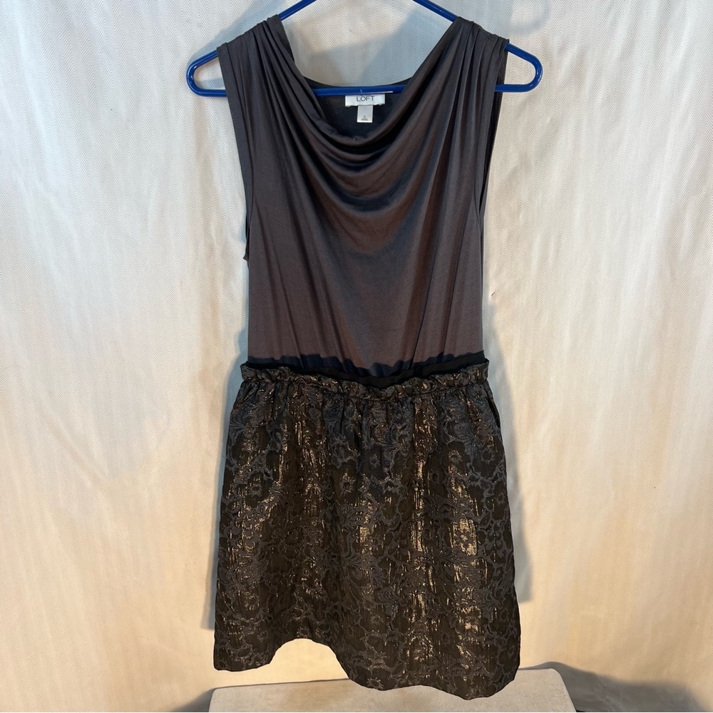 Loft Black Dress Jersey Bodice Drape Neck Metallic Brocade Skirt EUC 6 👍